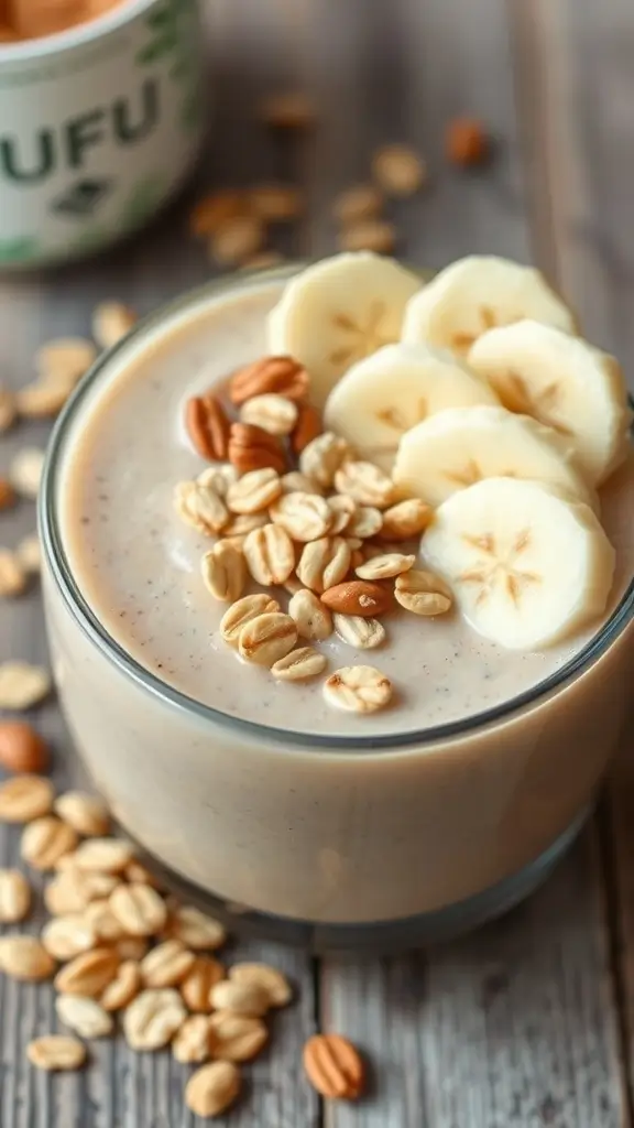 A delicious peanut butter and oatmeal smoothie topped with banana slices and oats.