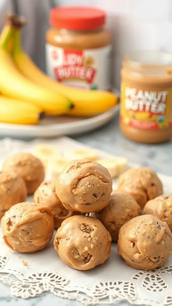 Delicious peanut butter banana energy bites with bananas and peanut butter in the background.