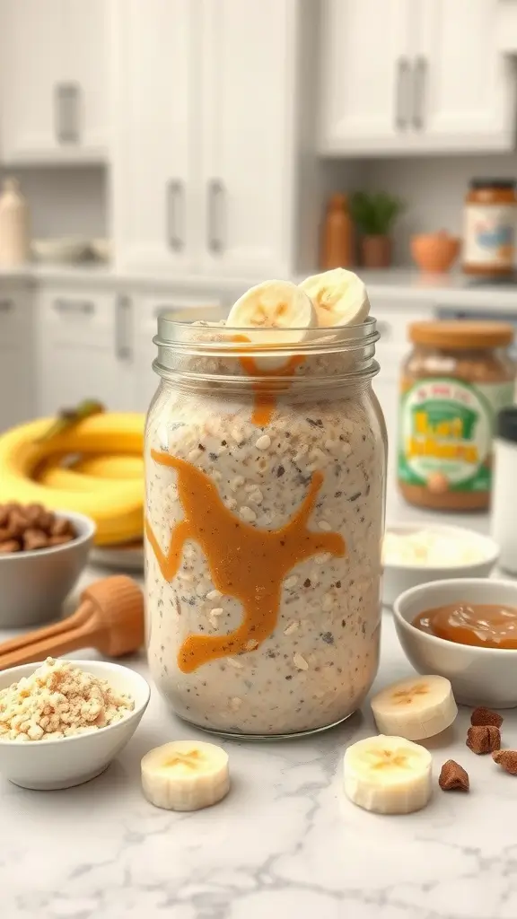 A jar of peanut butter banana overnight oats topped with banana slices.