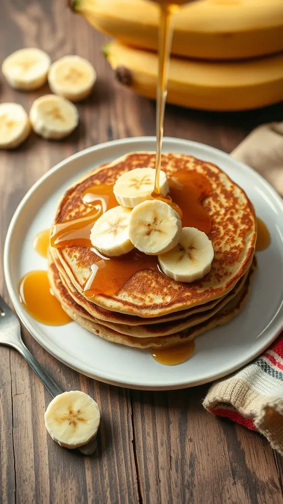 Fluffy peanut butter banana pancakes topped with banana slices and syrup