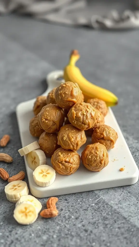Peanut Butter Banana Protein Balls on a cutting board with bananas and nuts.