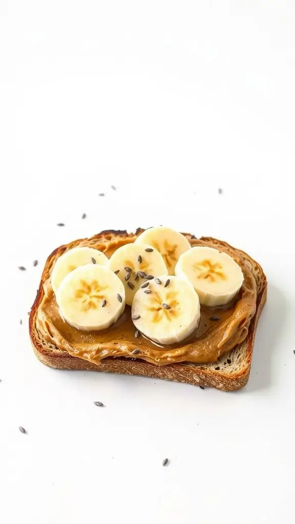 A slice of toast topped with peanut butter and banana slices.