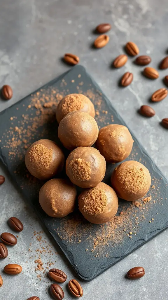 Peanut Butter Cocoa Energy Bites on a slate plate