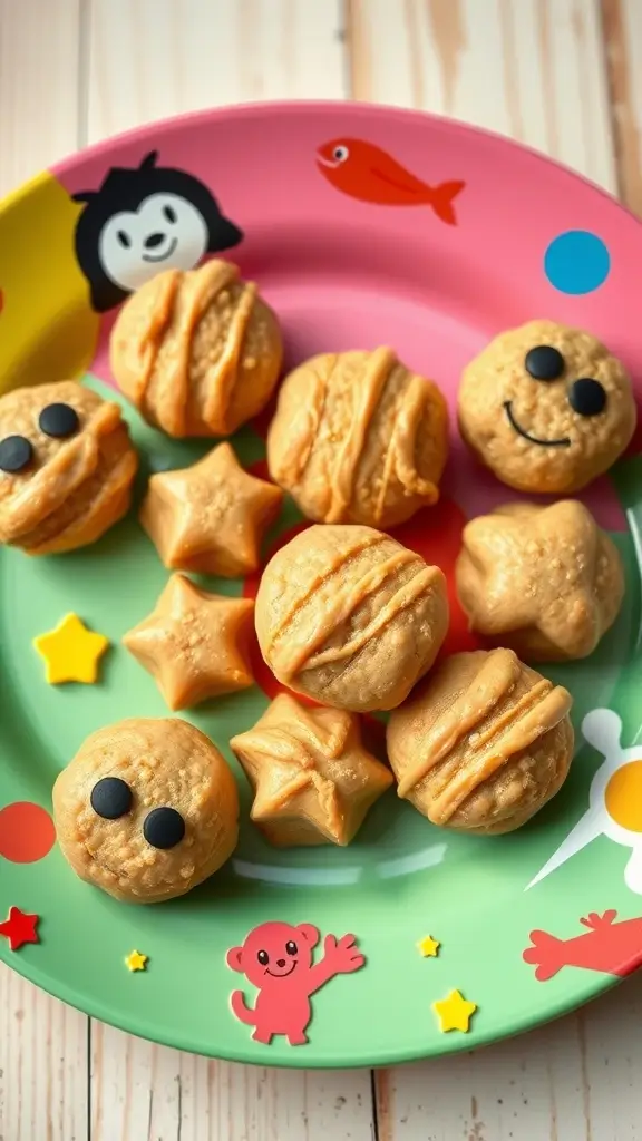 Colorful plate of peanut butter energy bites shaped like stars, smiley faces, and balls