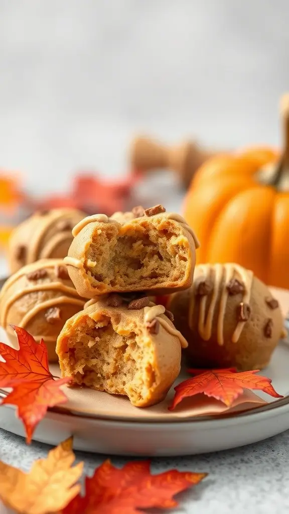 Peanut Butter Pumpkin Spice Bites on a white surface with fall decorations.