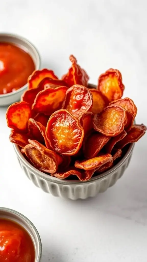 A bowl of crispy pepperoni chips served with ketchup - 18 Irresistible Keto Snacks
