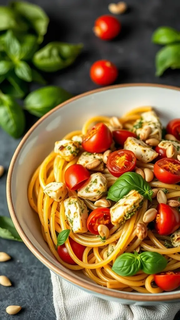 Pesto Chicken Pasta with chicken pieces, cherry tomatoes, and basil leaves on a plate.