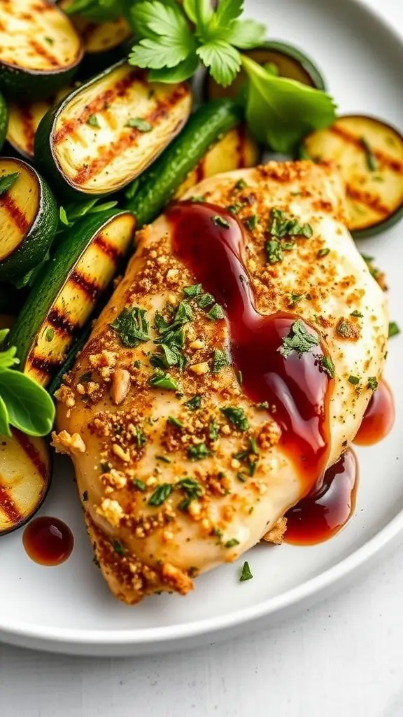 Grilled chicken breast with pesto and zucchini on a plate