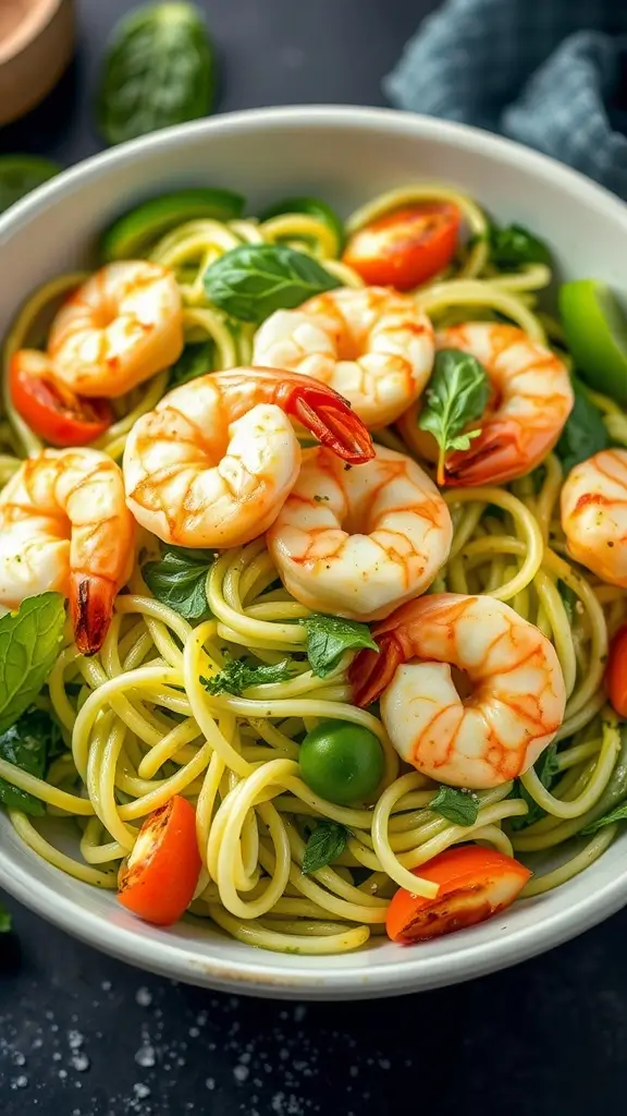 A vibrant bowl of pesto zoodle salad topped with grilled shrimp.