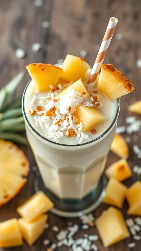A refreshing pineapple coconut smoothie in a glass with pineapple pieces and coconut around it.