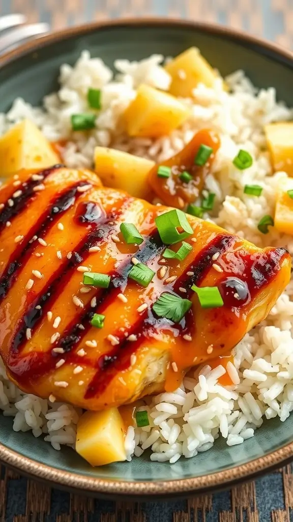 Pineapple Teriyaki Chicken with rice and green beans on a plate
