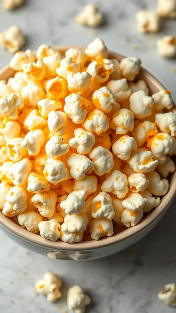 A bowl of popcorn seasoned with nutritional yeast, sprinkled with spices.