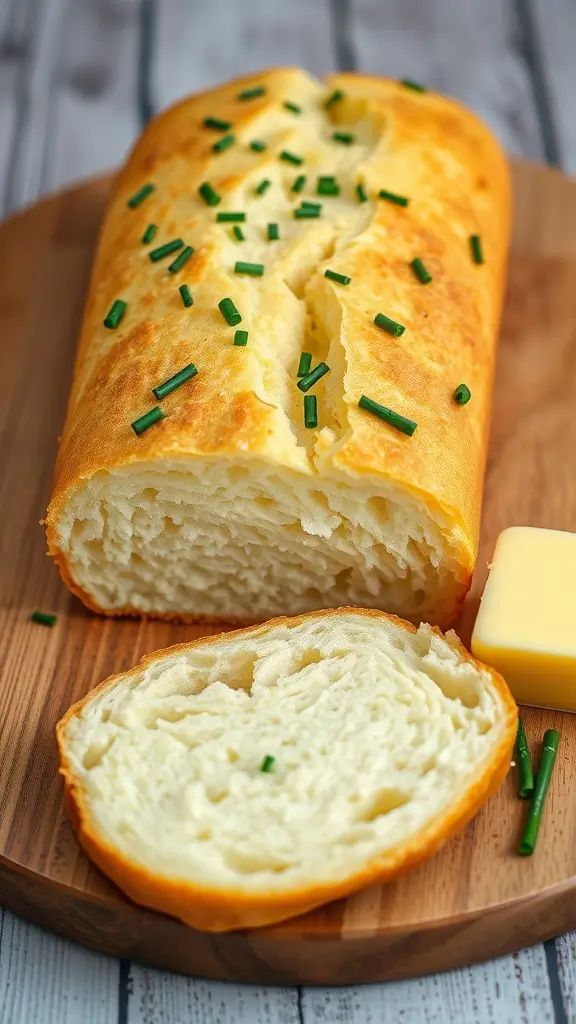 A loaf of potato bread topped with chives, sliced and ready to enjoy.