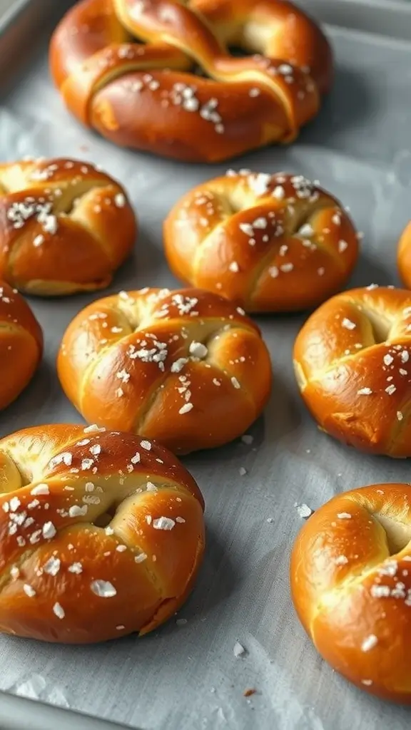 A close-up of freshly baked pretzel rolls with sea salt sprinkled on top, showcasing their golden-brown crust.