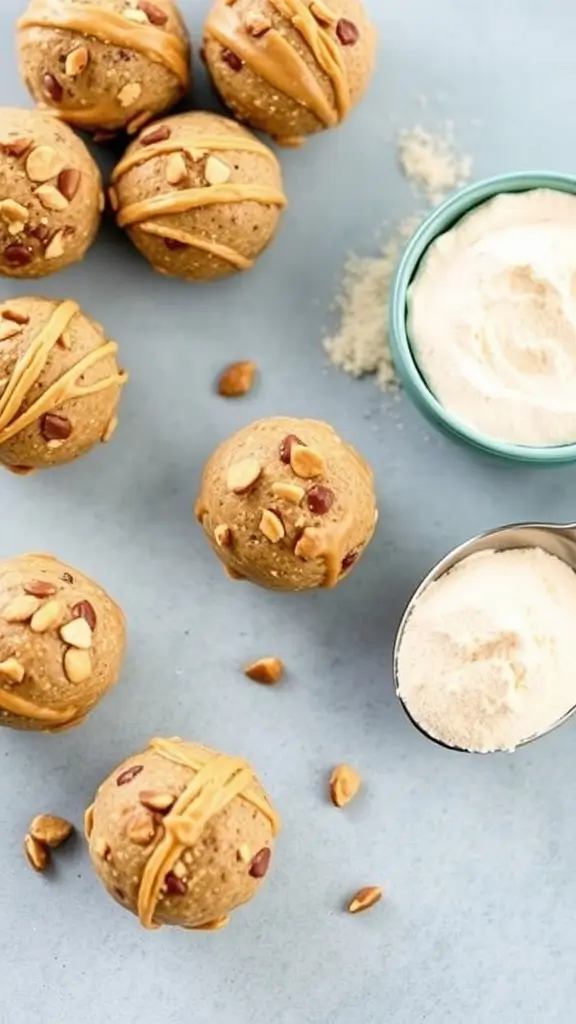 A plate of protein-packed peanut butter energy balls with ingredients scattered around.