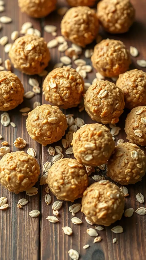 A close-up of peanut butter energy bites made with rolled oats, arranged on a wooden surface.