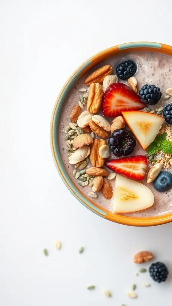 A colorful protein-packed smoothie bowl topped with assorted nuts, seeds, and fresh fruits.