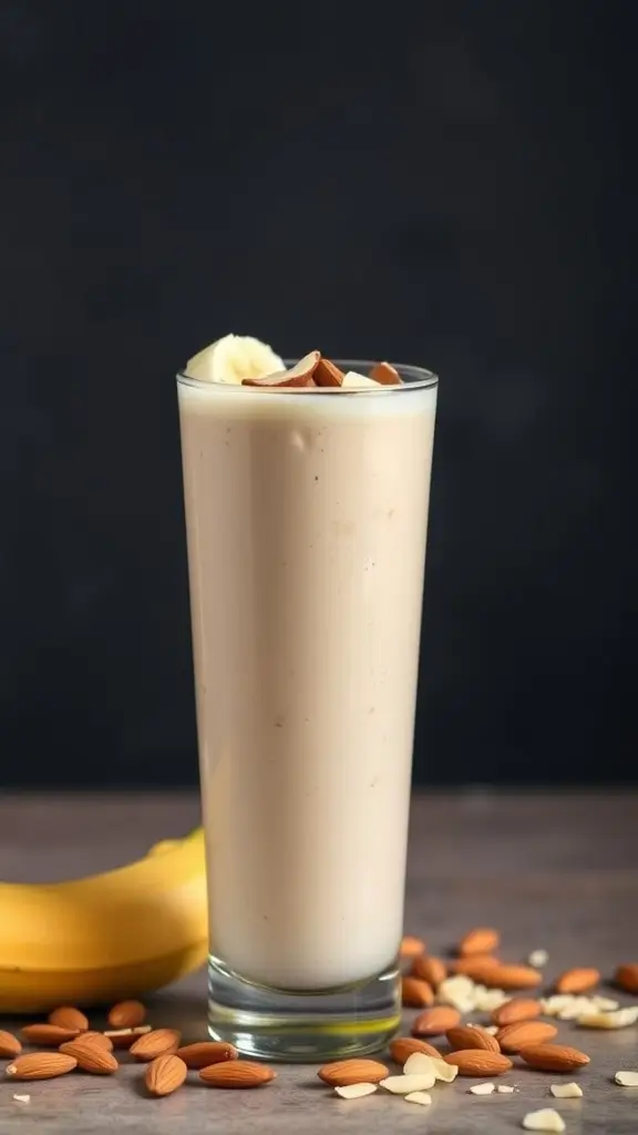 A tall glass of protein-packed smoothie with banana and almonds, garnished with sliced almonds.