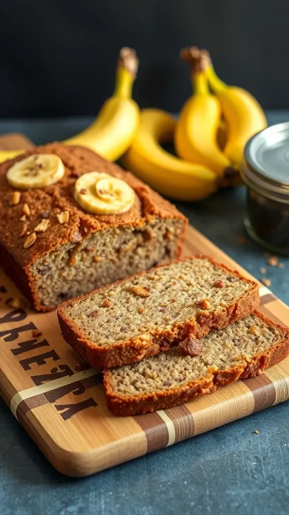 Sliced banana bread with a couple of bananas on the side.