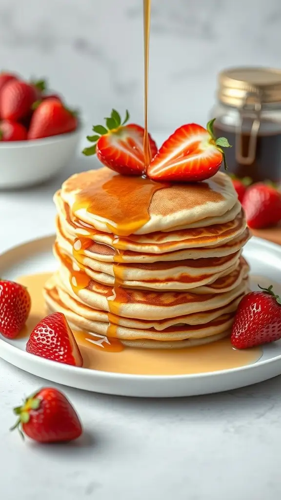 Stack of protein pancakes topped with strawberries and maple syrup