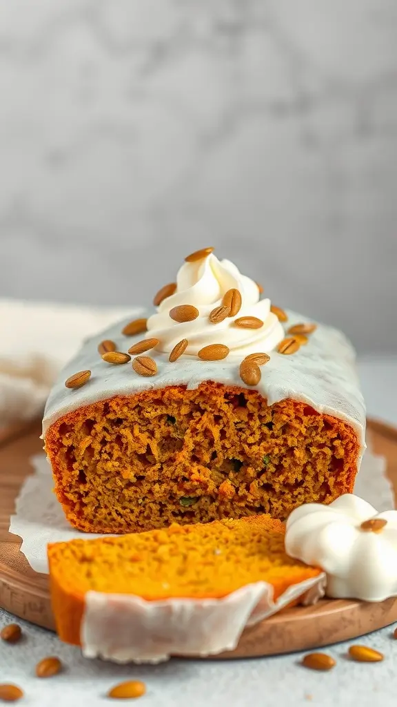 Delicious pumpkin spice cloud bread topped with cream and pumpkin seeds.