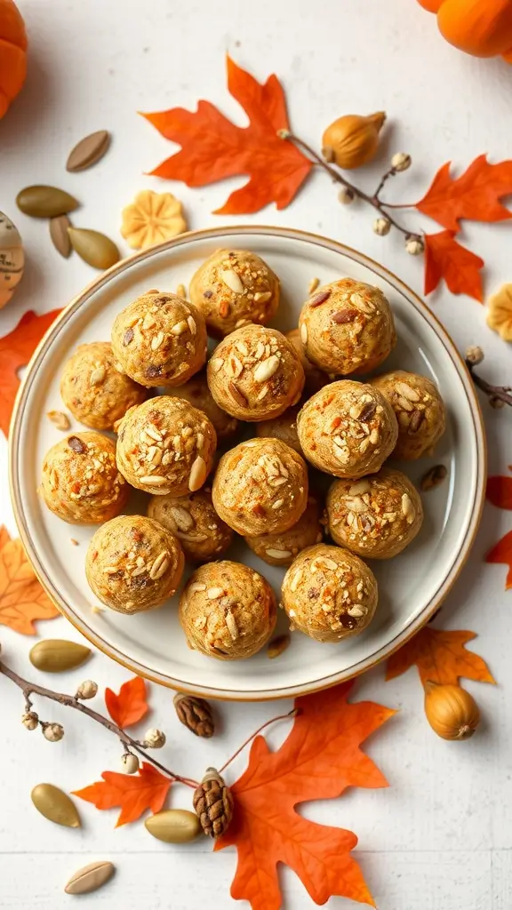 A plate of pumpkin spice energy bites surrounded by autumn leaves and nuts.