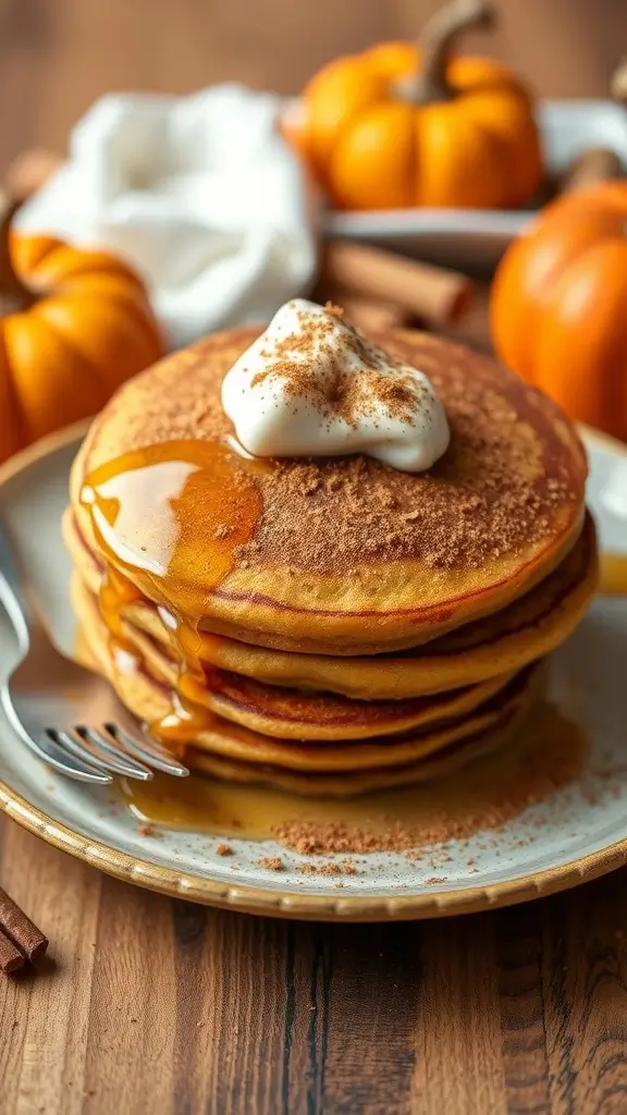 Stack of pumpkin spice pancakes topped with a small orange pumpkin.