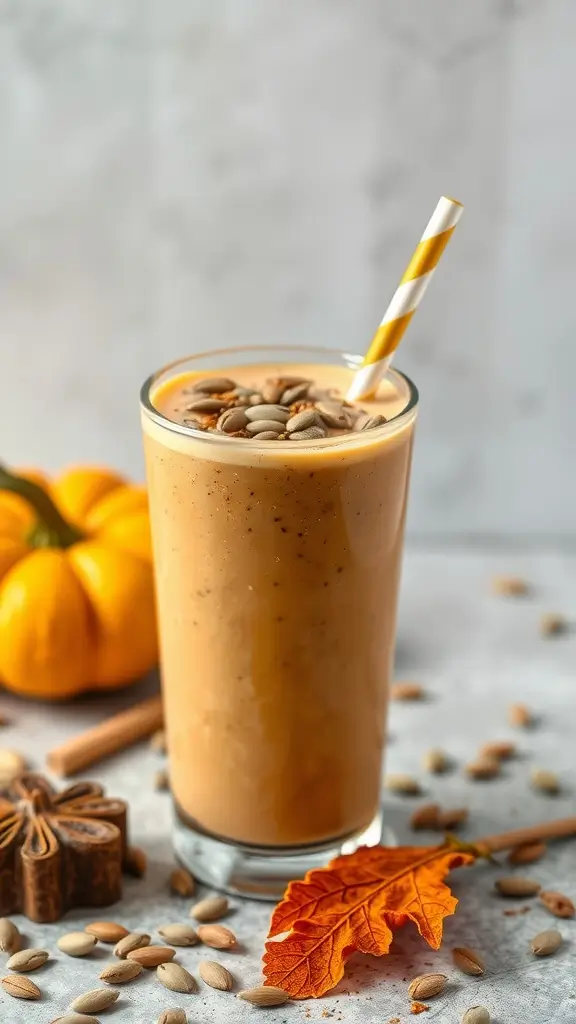 A refreshing pumpkin spice protein smoothie topped with sunflower seeds and a straw.