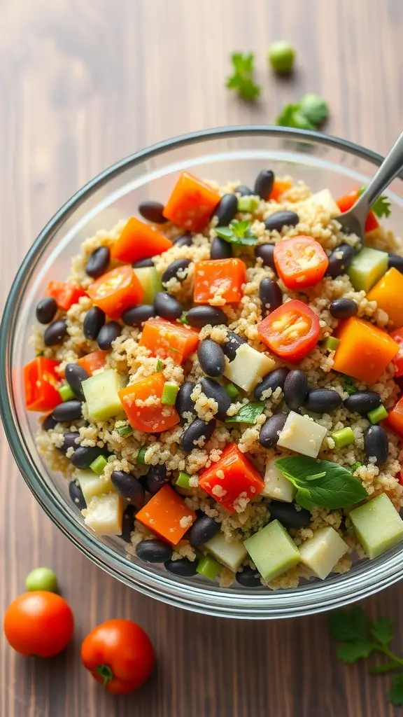 A colorful quinoa and black bean salad with fresh vegetables