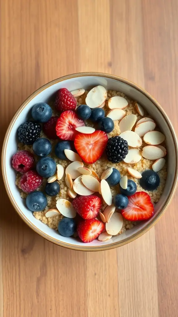 A healthy quinoa breakfast bowl topped with berries and sliced almonds - 37 High-Protein Vegan Breakfast Ideas