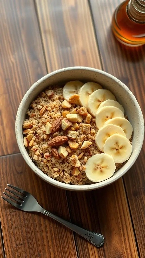 A healthy quinoa breakfast bowl topped with sliced bananas, diced apples, and chopped almonds.