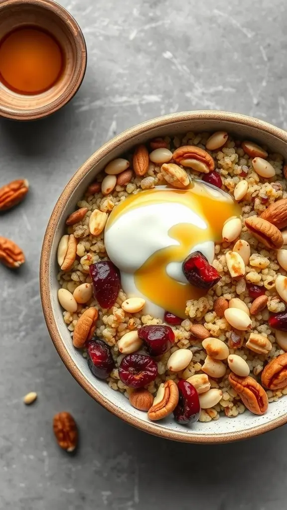 A delicious quinoa breakfast bowl topped with mixed nuts, dried cranberries, and a dollop of yogurt.