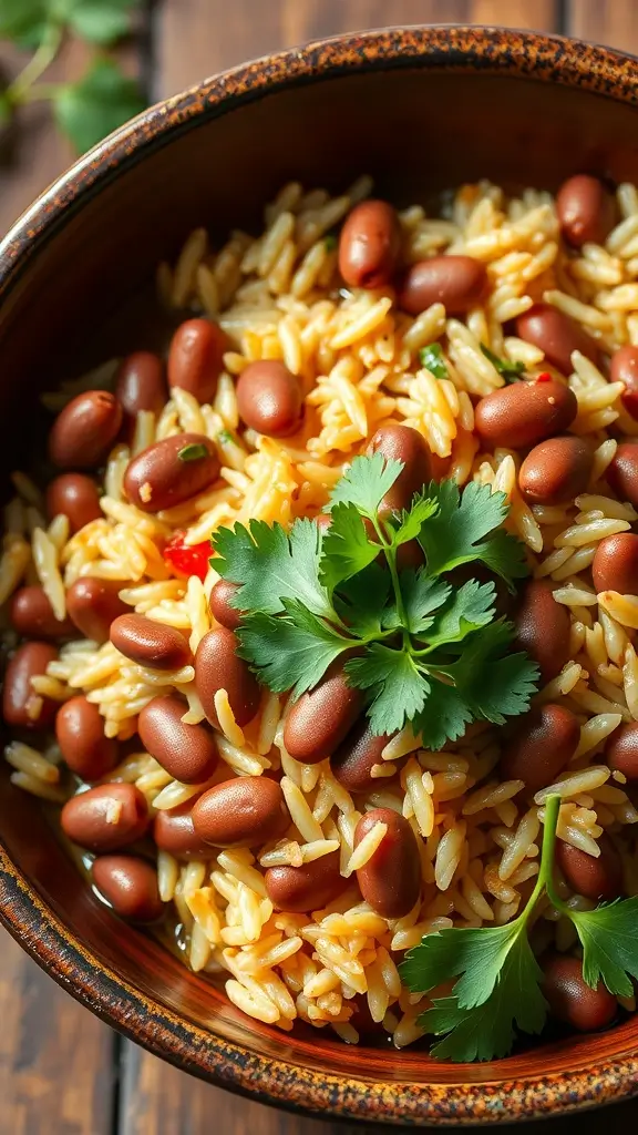 A delicious Rice and Beans Breakfast Bowl filled with rice, beans, and garnished with cilantro.
