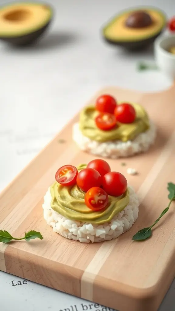 Rice cakes topped with avocado spread and cherry tomatoes on a wooden board.