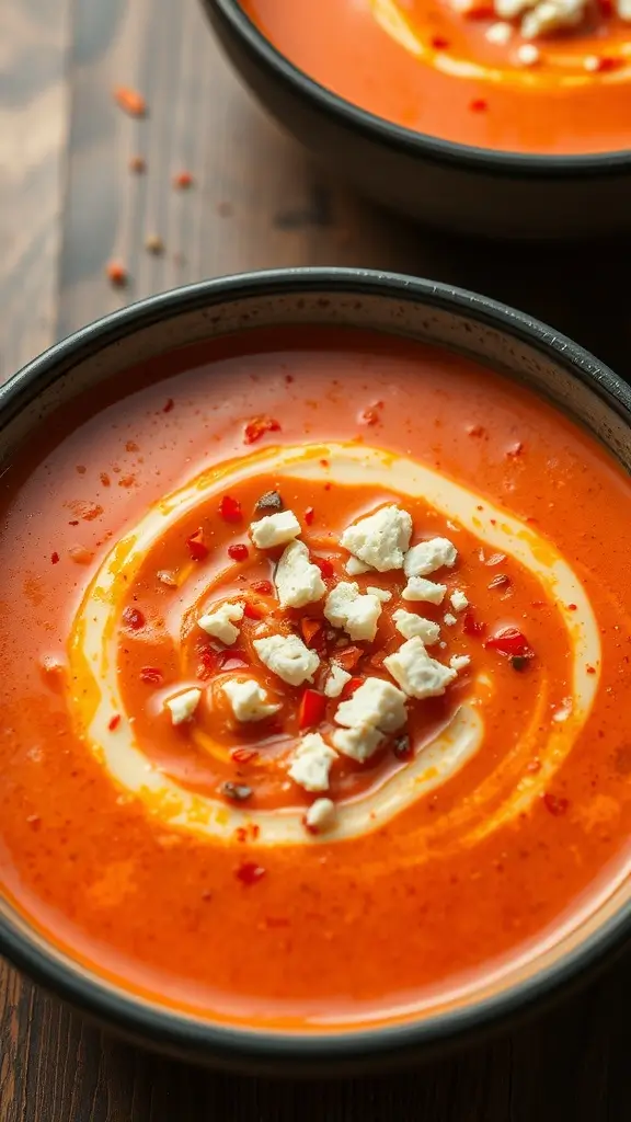 Bowl of roasted red pepper and feta soup garnished with herbs and feta cheese.