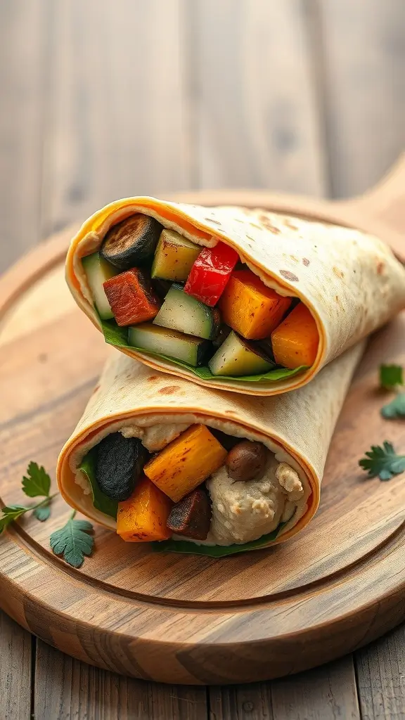 A delicious roasted vegetable and hummus wrap on a wooden board.