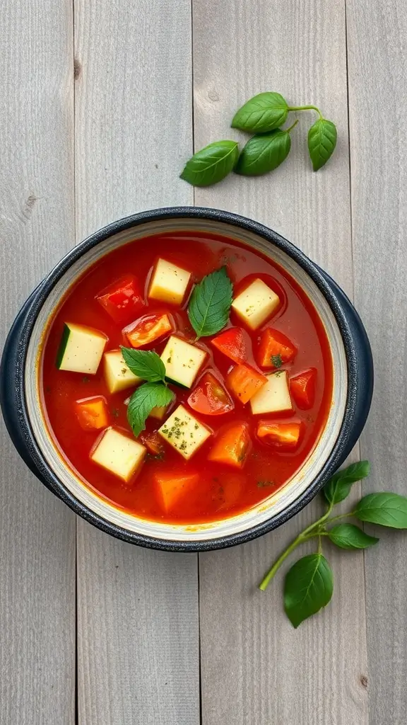 A bowl of rustic tomato and zucchini soup garnished with fresh basil leaves.