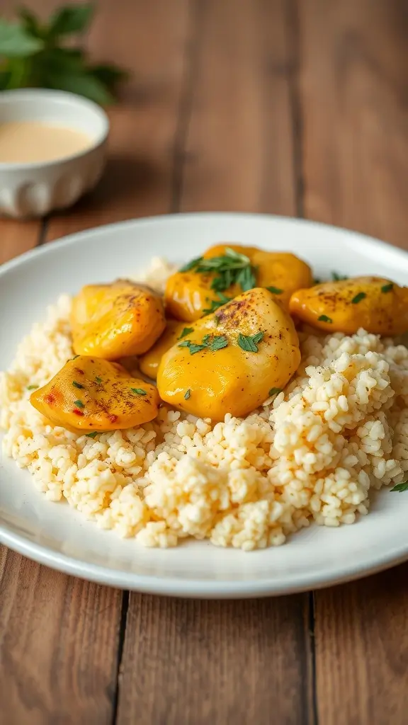 Saffron Chicken served with fluffy couscous and garnished with parsley.