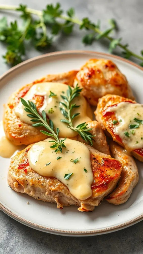 Sautéed chicken breasts with a creamy tarragon mustard sauce, garnished with fresh herbs.