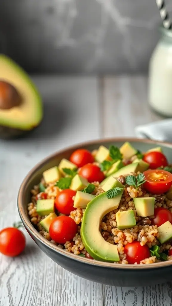 A colorful bowl of savory breakfast quinoa with diced avocado, cherry tomatoes, and fresh cilantro.