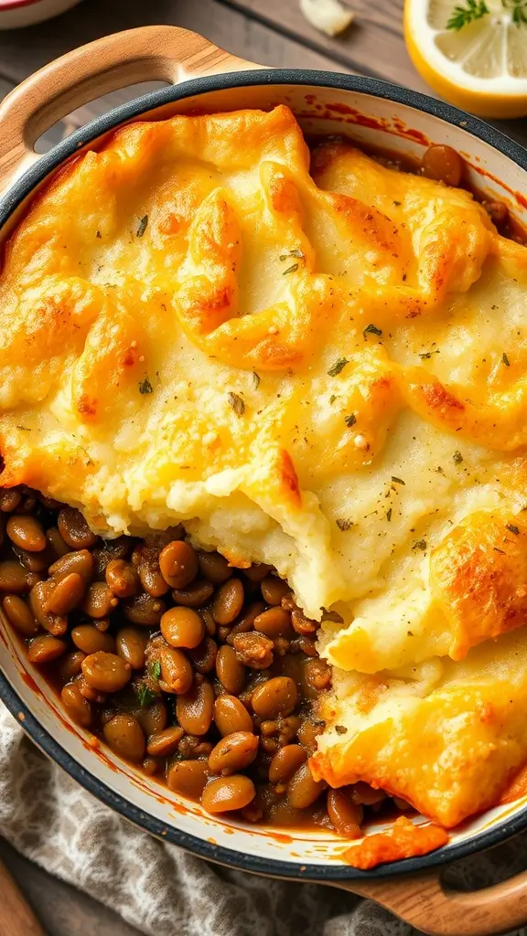 A hearty and comforting lentil shepherd's pie topped with creamy mashed potatoes.