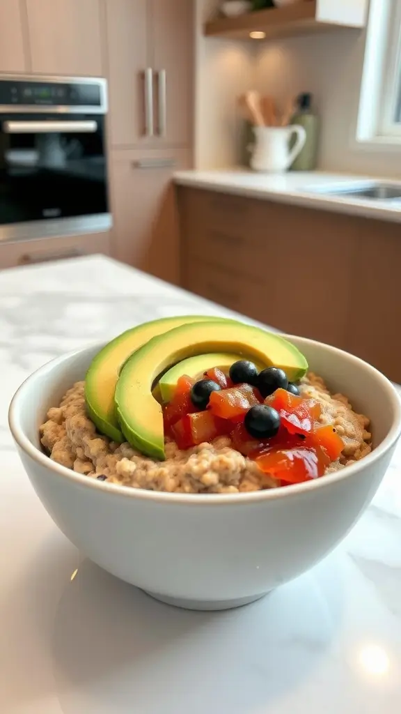 A bowl of savory oatmeal topped with avocado slices, diced tomatoes, and cilantro.