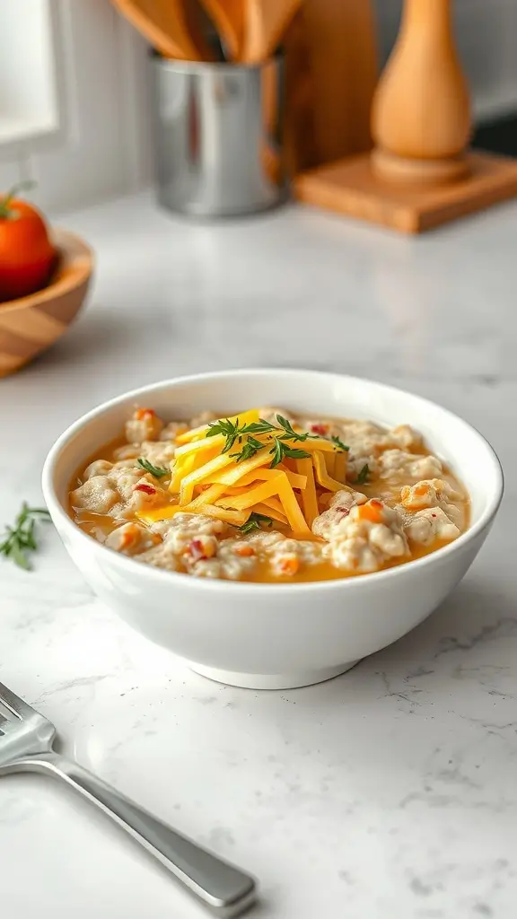 A bowl of savory oatmeal topped with cheese and herbs, served as a snack.