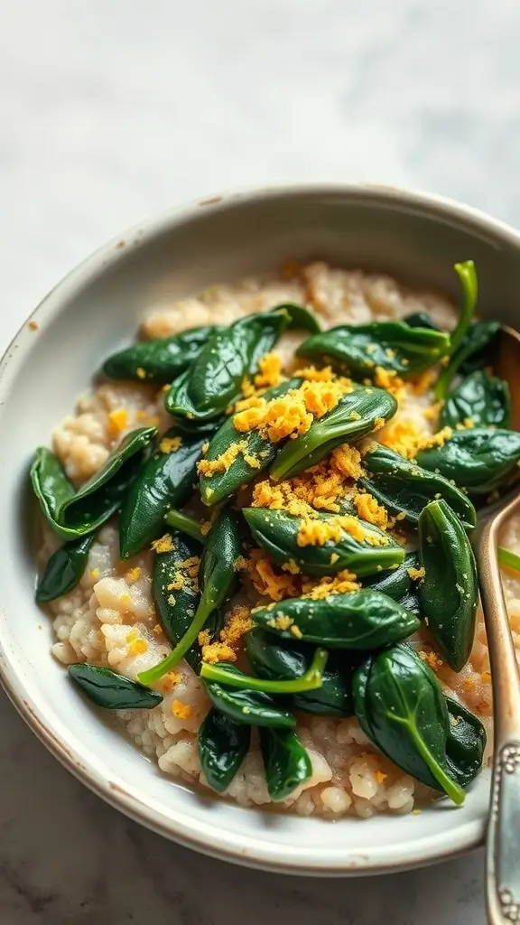 A bowl of savory oatmeal topped with spinach and nutritional yeast.