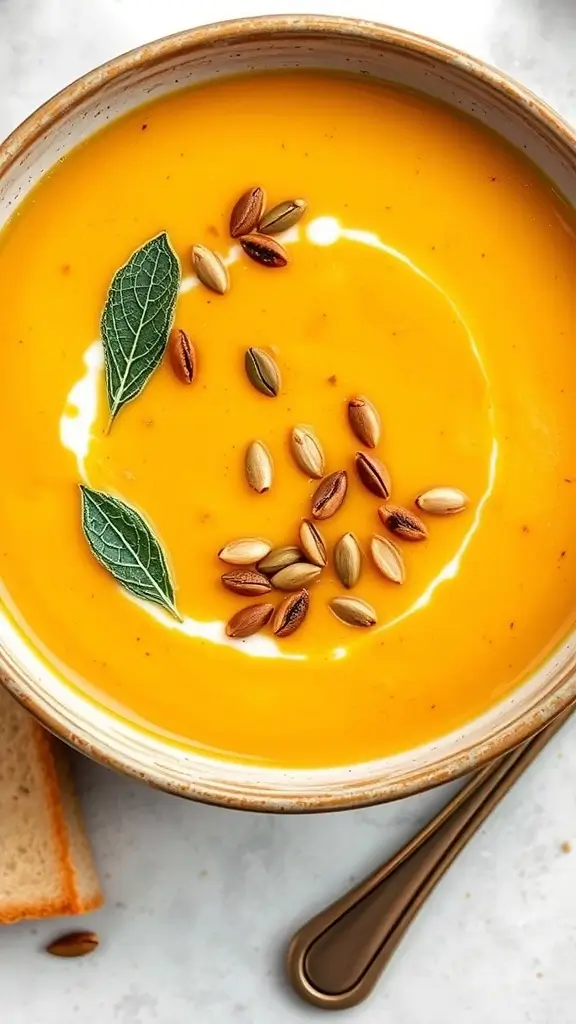 A bowl of savory pumpkin and sage soup garnished with pumpkin seeds.