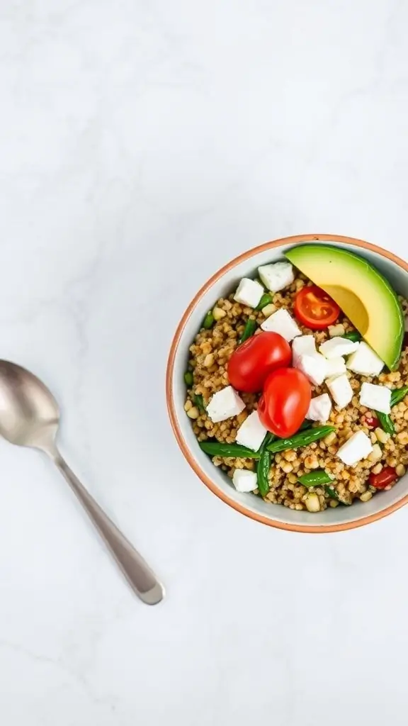 Savory quinoa breakfast bowl with cherry tomatoes, cucumber, avocado, and feta cheese.