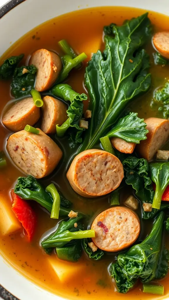 A bowl of savory sausage and kale soup with slices of sausage and leafy greens.