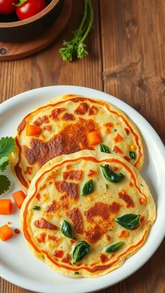 Delicious savory veggie pancakes with spinach and diced vegetables