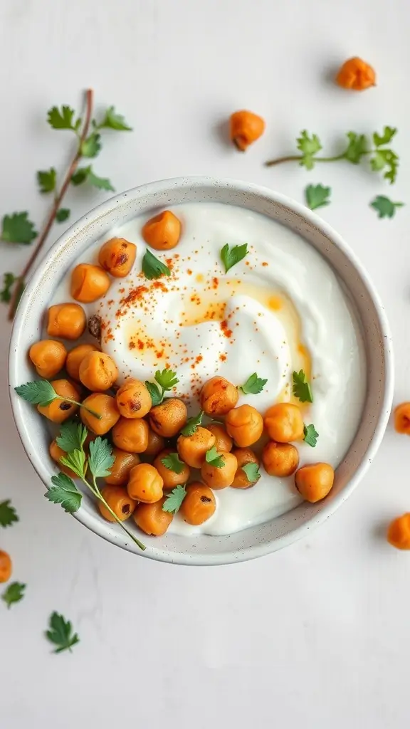 A savory yogurt bowl topped with chickpeas and herbs