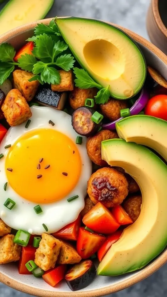 A bowl of seitan sausage and veggie breakfast, featuring seitan, avocado, zucchini, and tomatoes.